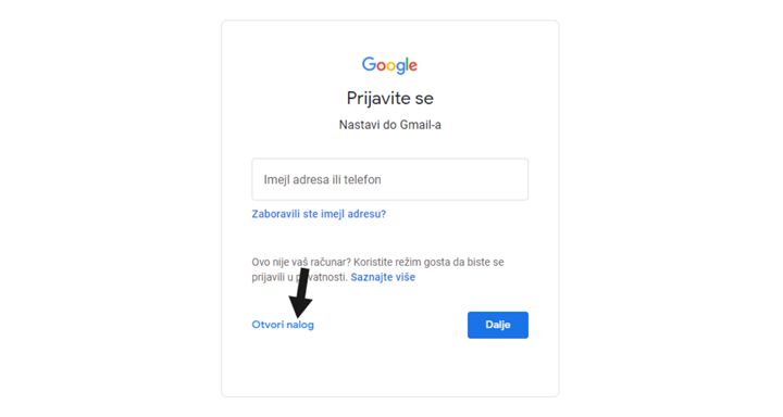 Otvori nalog odelajk prilikom pravljenja email adrese